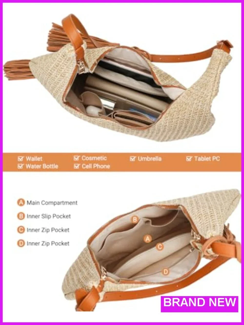 Straw Woven Hobo Shoulder Bag Crossbody with Tassel